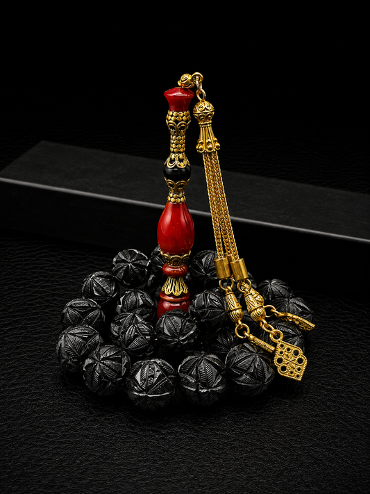 English Blackstone Jet Black Full Nakkaş Tesbih – Custom Alloy İmame & Tassel