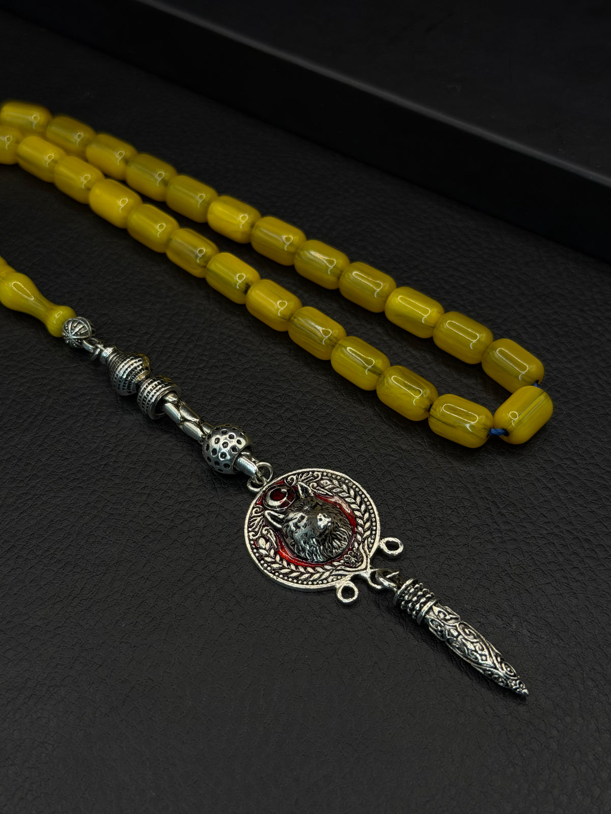 Ottoman Style Shaved Yellow Compressed Amber Tesbih – Capsule Cut – Alloy Tassel