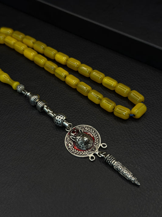 Ottoman Style Shaved Yellow Compressed Amber Tesbih – Capsule Cut – Alloy Tassel