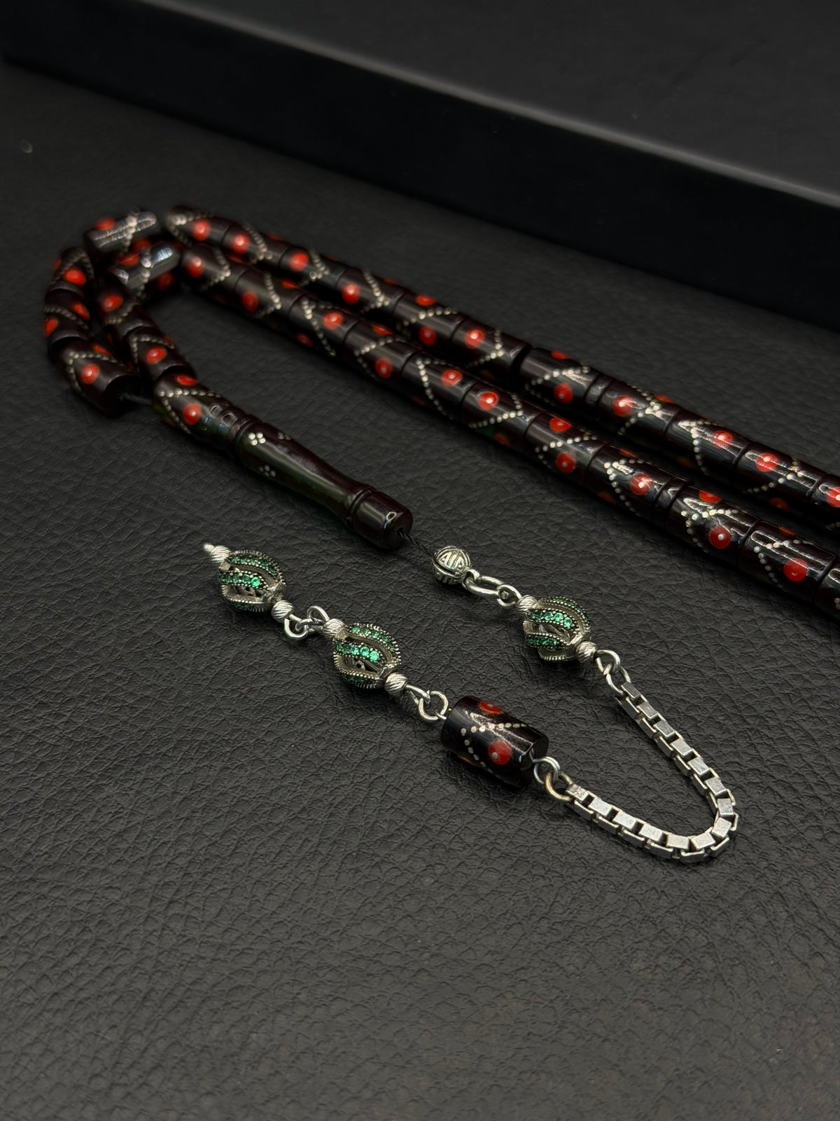 Green Fire Amber Silver & Mine Inserted Cylinder Cut Tesbih – Alloy Tassel