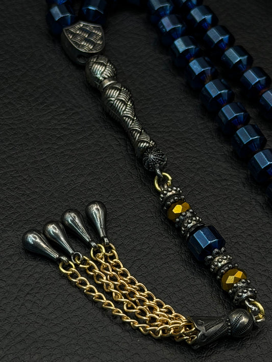 Blue-Coloured Natural Hematite Stone Edged Round Cut Tesbih – Alloy Tassel