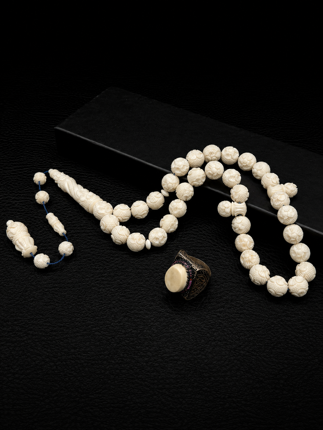 Ivory Full Nakkaş Tesbih & 925 Sterling Silver Ring Set
