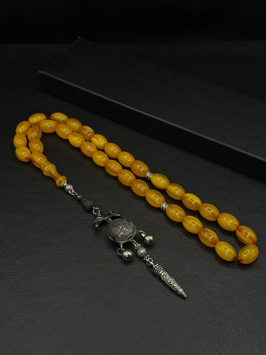 Ottoman Style Shaved Compressed Amber Tesbih – Oval Cut – Alloy Tassel – Medium Size