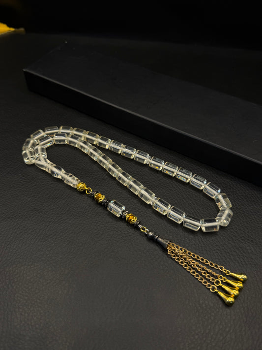 Clear Fire Amber Edged Capsule Cut Tesbih – Alloy Tassel