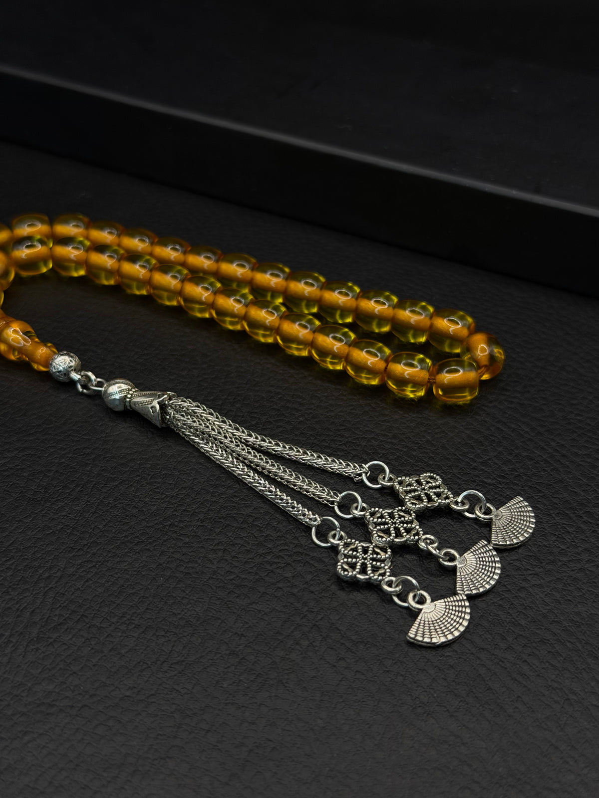 Omari Ottoman Style Yellow Fire Amber Tesbih – Capsule Cut – Alloy Tassel – Double Imame
