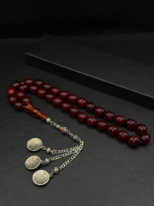 Orange Shaved Compressed Amber Tesbih – Oval Cut – Alloy Tassel