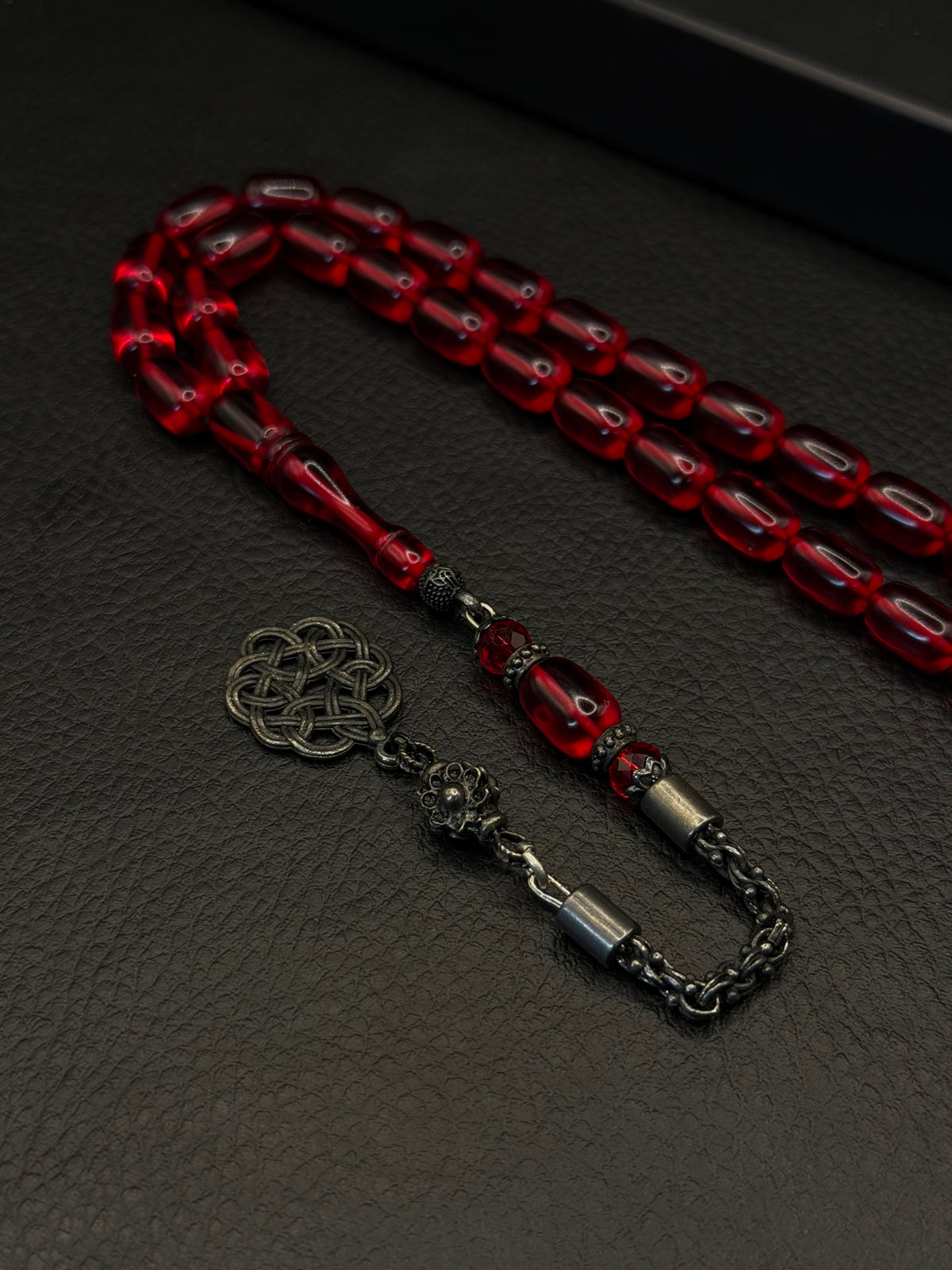 Red Fire Amber Tesbih – Capsule Cut – Alloy Kazzaz Tassel