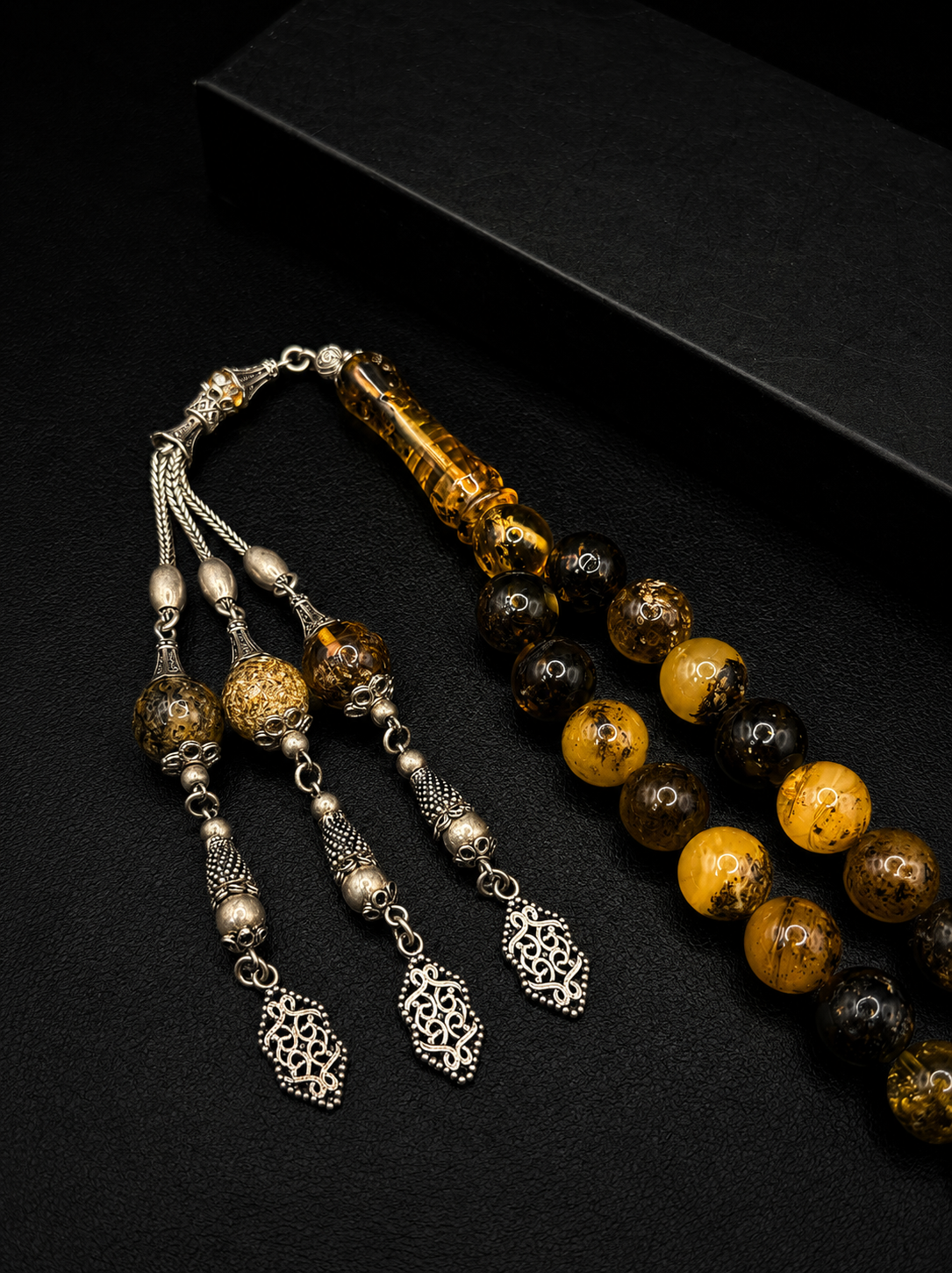 Natural Baltic Fossil Amber Tesbih – Full 925 Sterling Silver Tassel