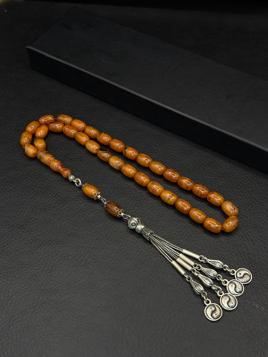 Ottoman Style Compressed Amber Tesbih – Capsule Cut – 925 Sterling Silver Tassel