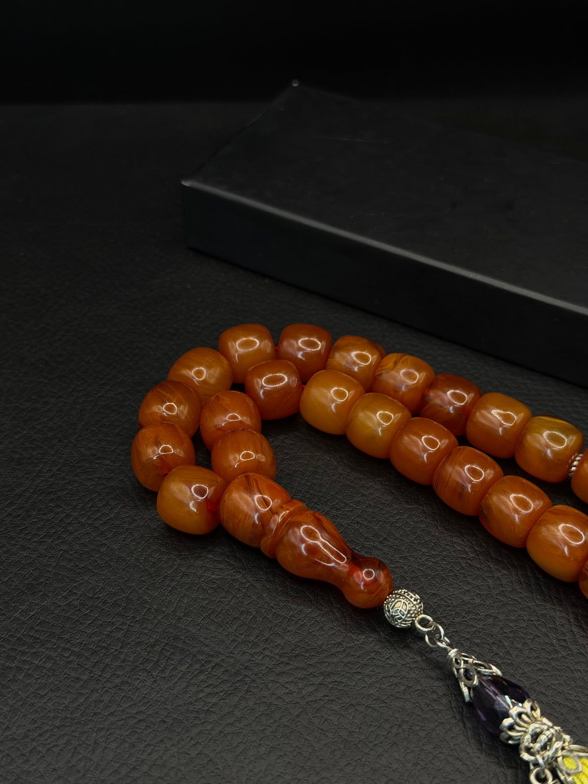 Ottoman Style Yellow Compressed Amber Tesbih – Barrel Cut – Custom Alloy Tassel