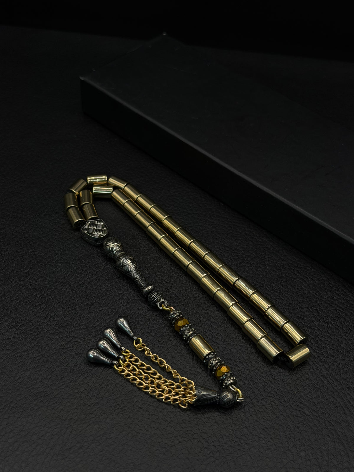 Gold-Coloured Natural Hematite Stone Cylinder Cut Tesbih – Alloy Tassel