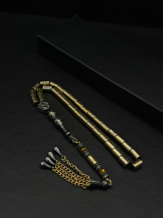Gold-Coloured Natural Hematite Stone Cylinder Cut Tesbih – Alloy Tassel
