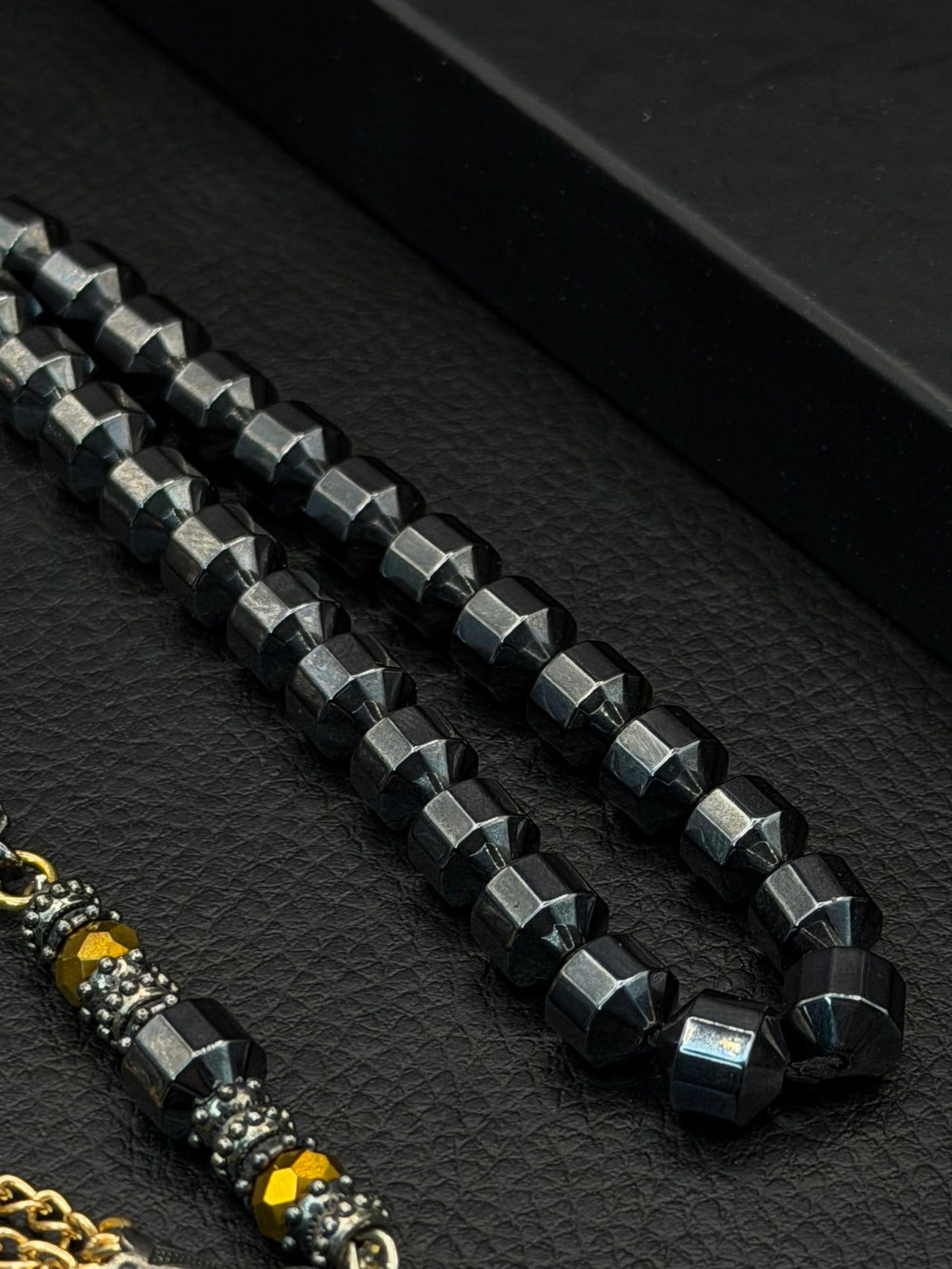 Grey-Coloured Natural Hematite Stone Edged Round Cut Tesbih – Alloy Tassel