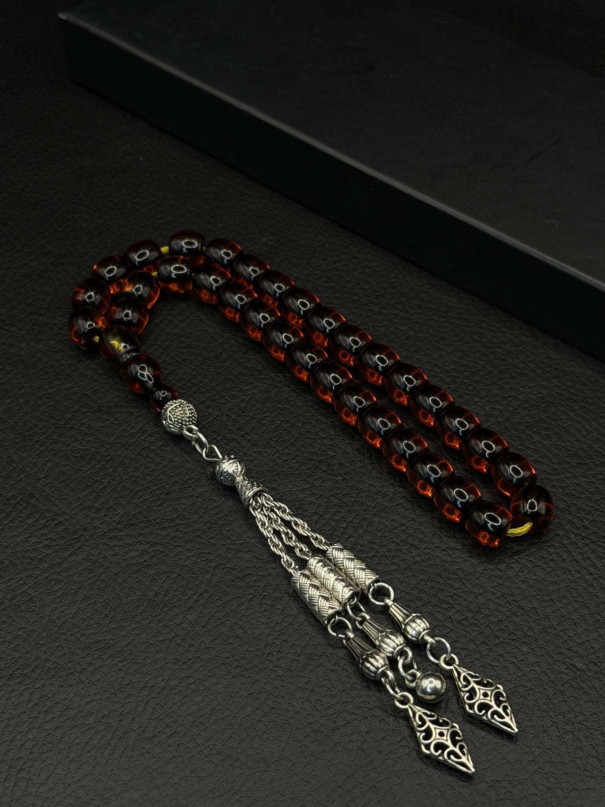 Omari Ottoman Style Dark Orange Fire Amber Tesbih – Capsule Cut – Alloy Tassel – Double Imame
