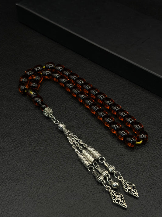 Omari Ottoman Style Dark Orange Fire Amber Tesbih – Capsule Cut – Alloy Tassel – Double Imame