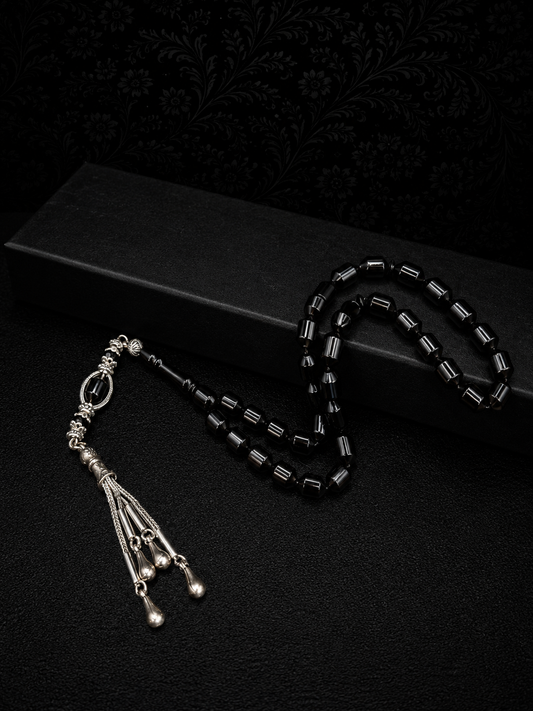 Black Katalin Tesbih – Alloy Tassel – Edged Capsule Cut