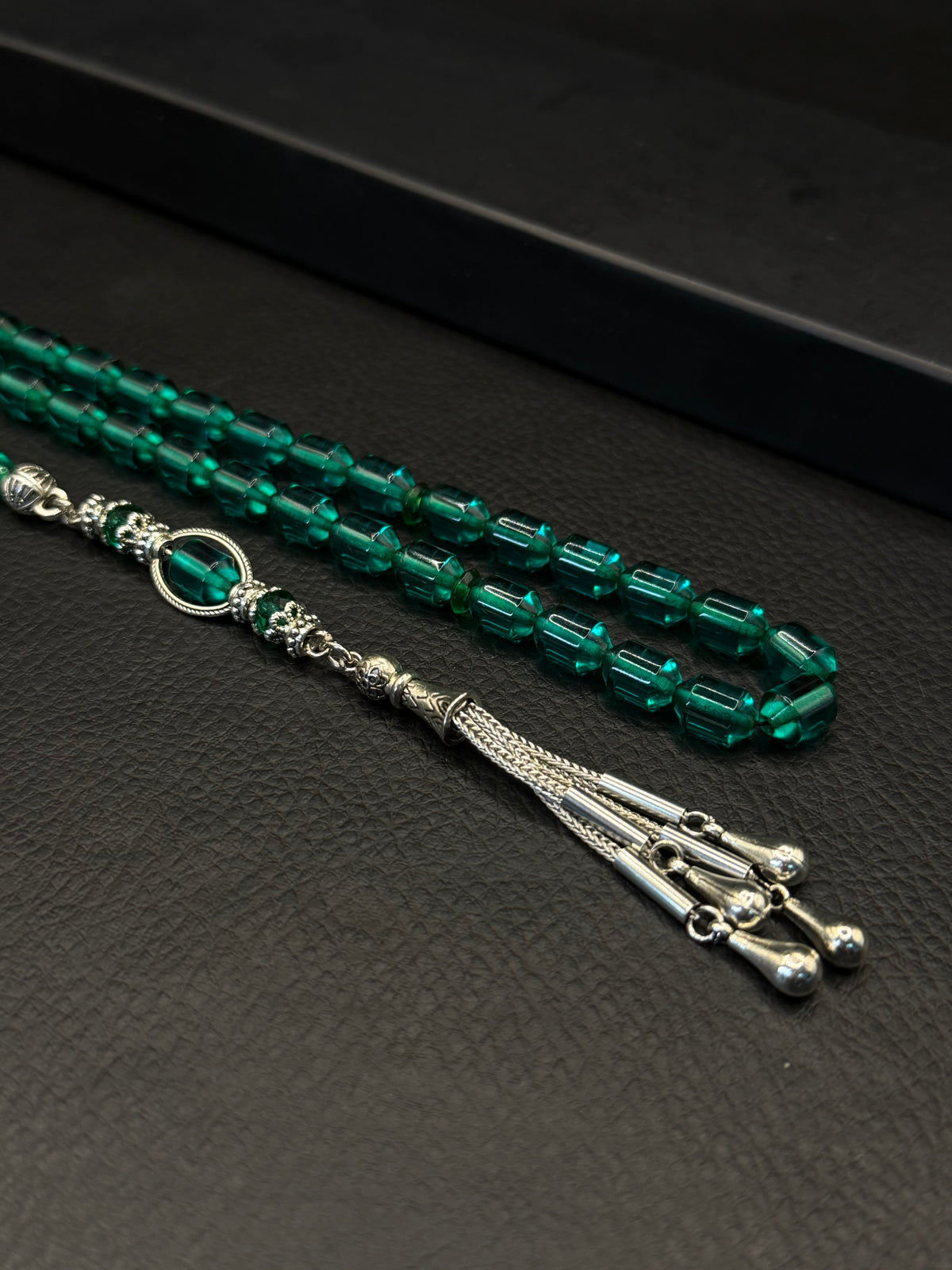 Green Fire Amber Tesbih – Alloy Tassel – Edged Capsule Cut