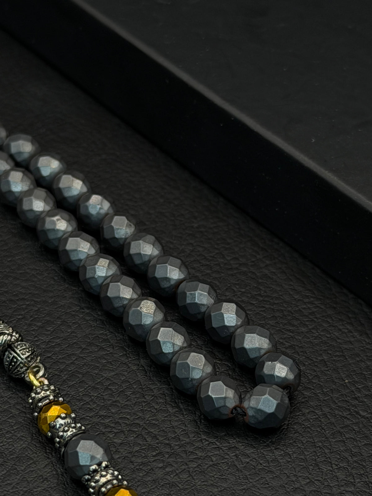 Matte Grey-Coloured Natural Hematite Stone Faceted Round Cut Tesbih – Alloy Tassel
