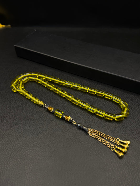 Yellow Fire Amber Edged Capsule Cut Tesbih – Alloy Tassel