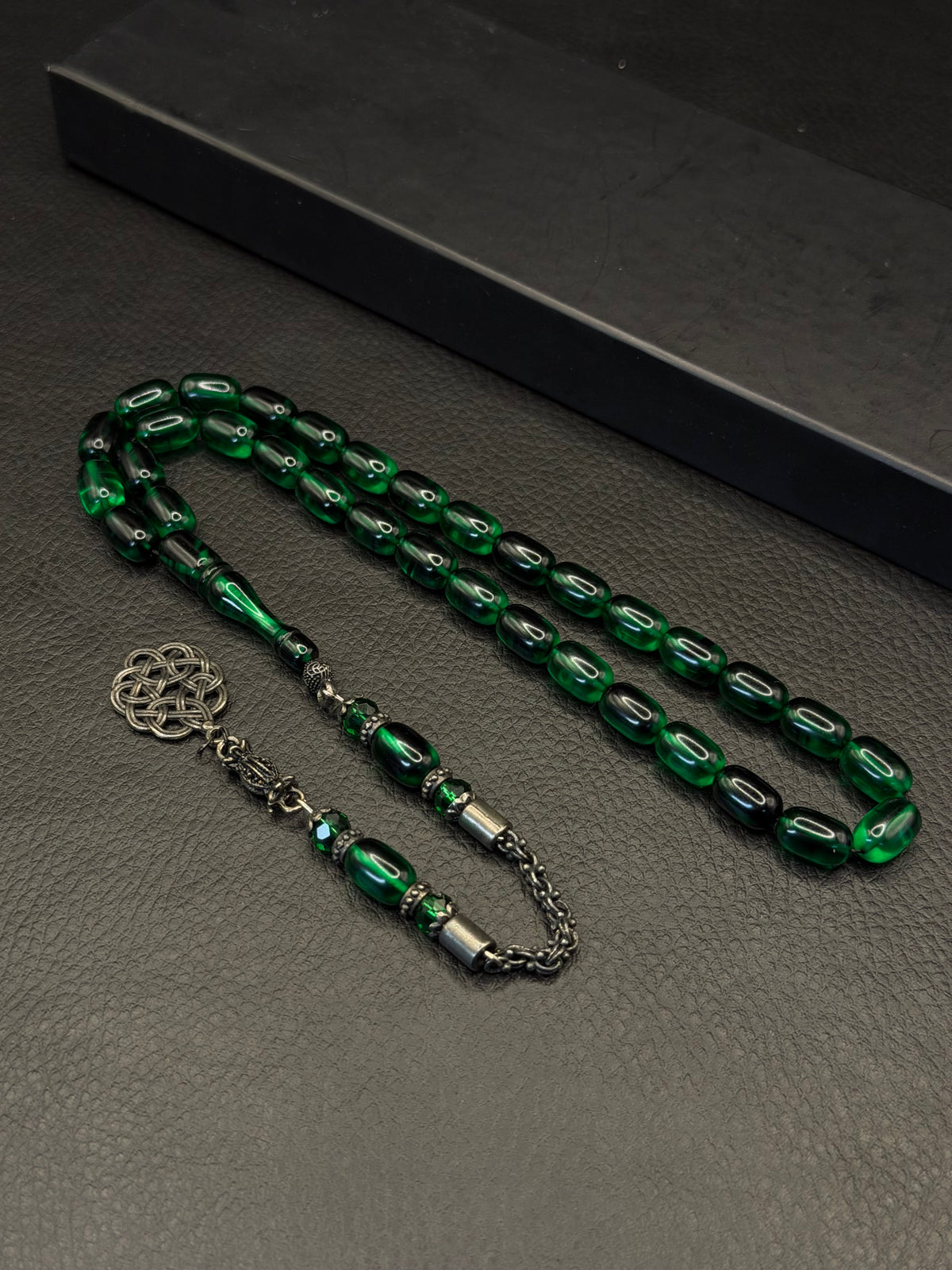 Green Fire Amber Tesbih – Capsule Cut – Alloy Kazzaz Tassel