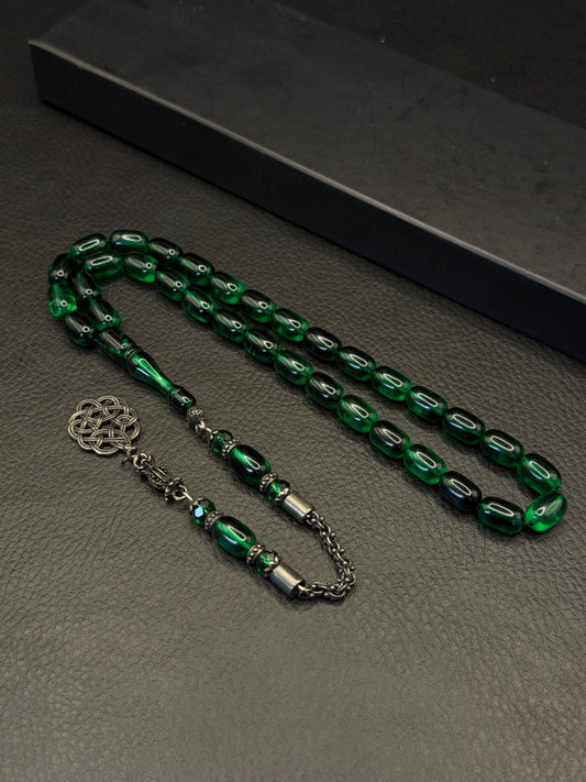 Green Fire Amber Tesbih – Capsule Cut – Alloy Kazzaz Tassel