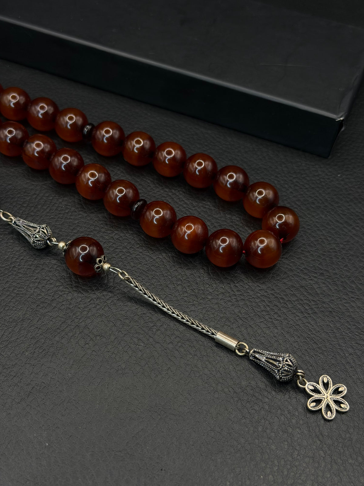 Ottoman Style Dark Orange Fire Amber Tesbih – Medium Size – 925 Sterling Silver Tassel