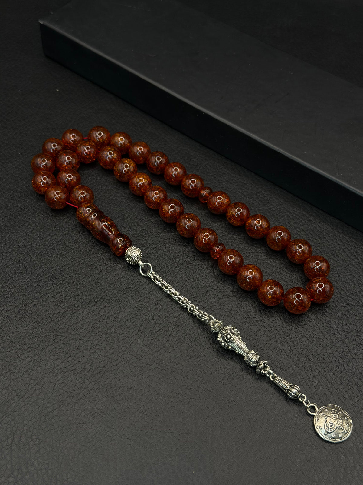 Glittery Fire Amber Round Cut Tesbih – Alloy Tassel