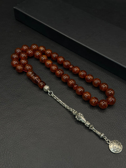 Glittery Fire Amber Round Cut Tesbih – Alloy Tassel