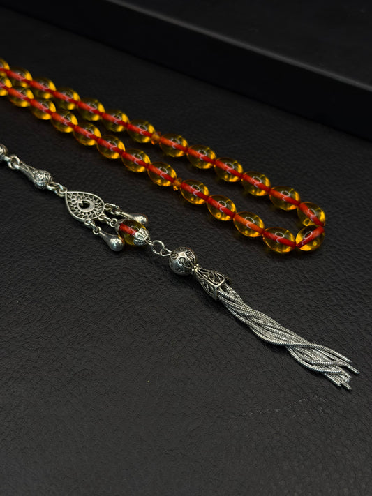 Yellow Fire Amber Tesbih – Alloy Tassel
