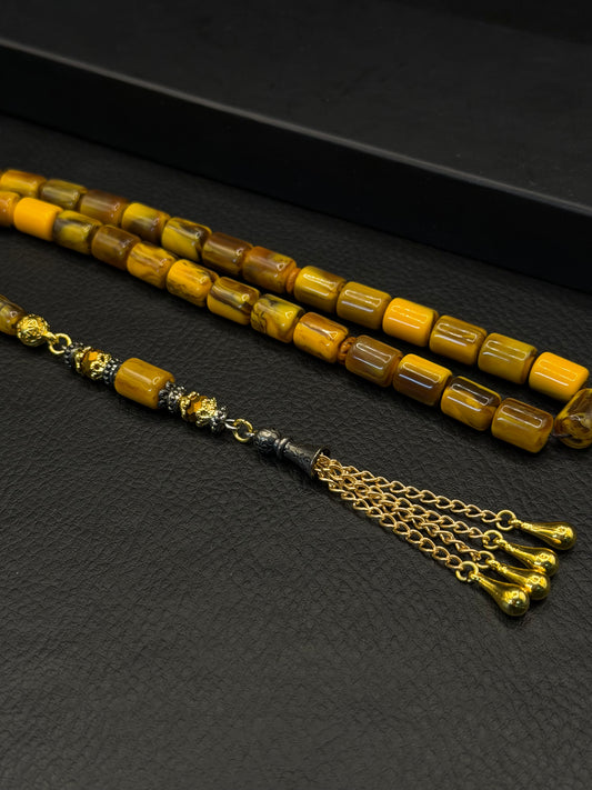 Dark Yellow Katalin Edged Capsule Cut Tesbih – Alloy Tassel