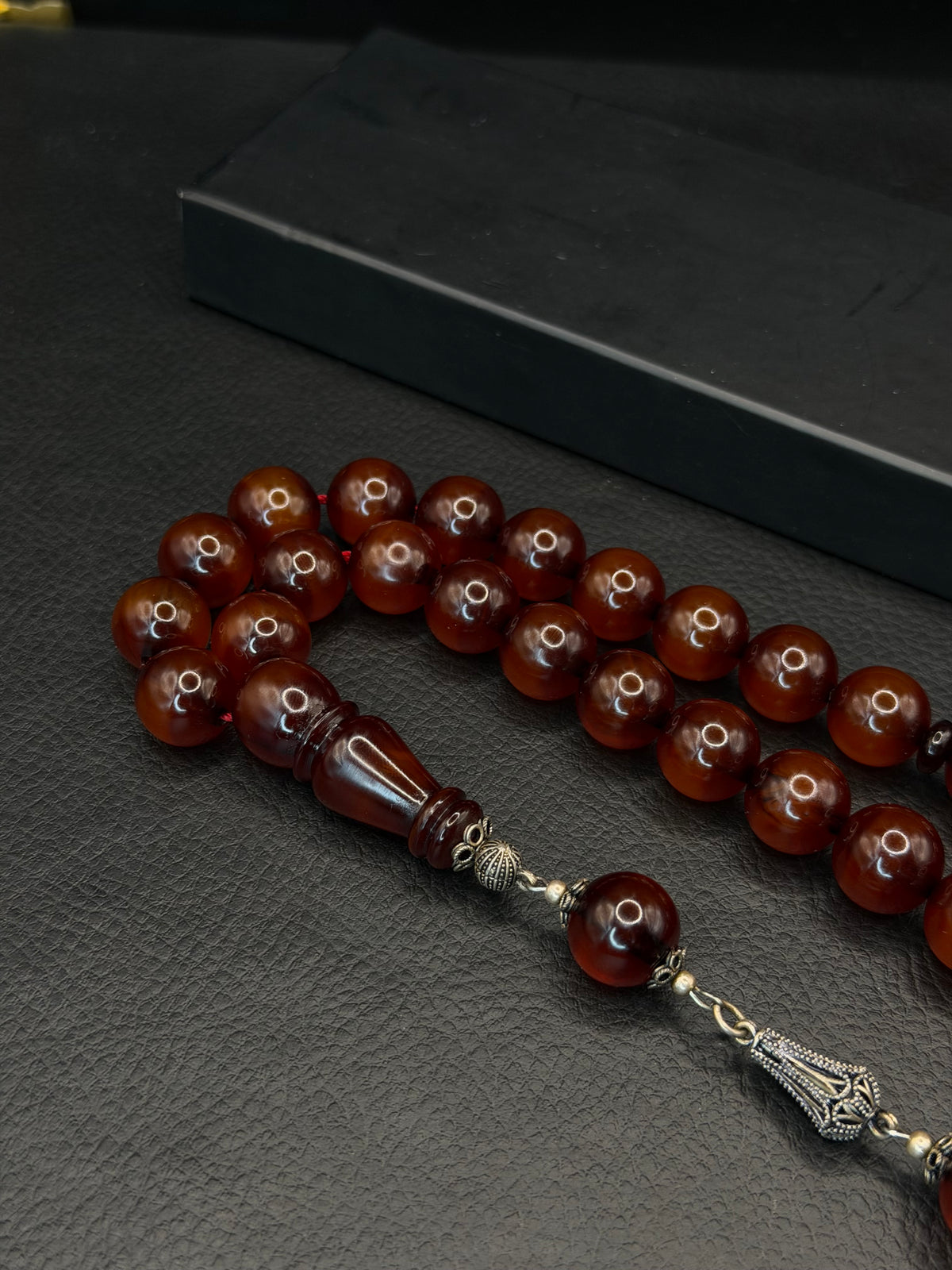 Ottoman Style Dark Orange Fire Amber Tesbih – Medium Size – 925 Sterling Silver Tassel