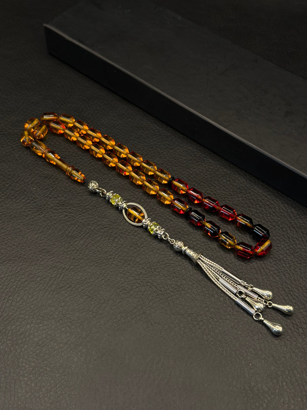 Yellow & Red Fire Amber Tesbih – Alloy Tassel – Edged Capsule Cut