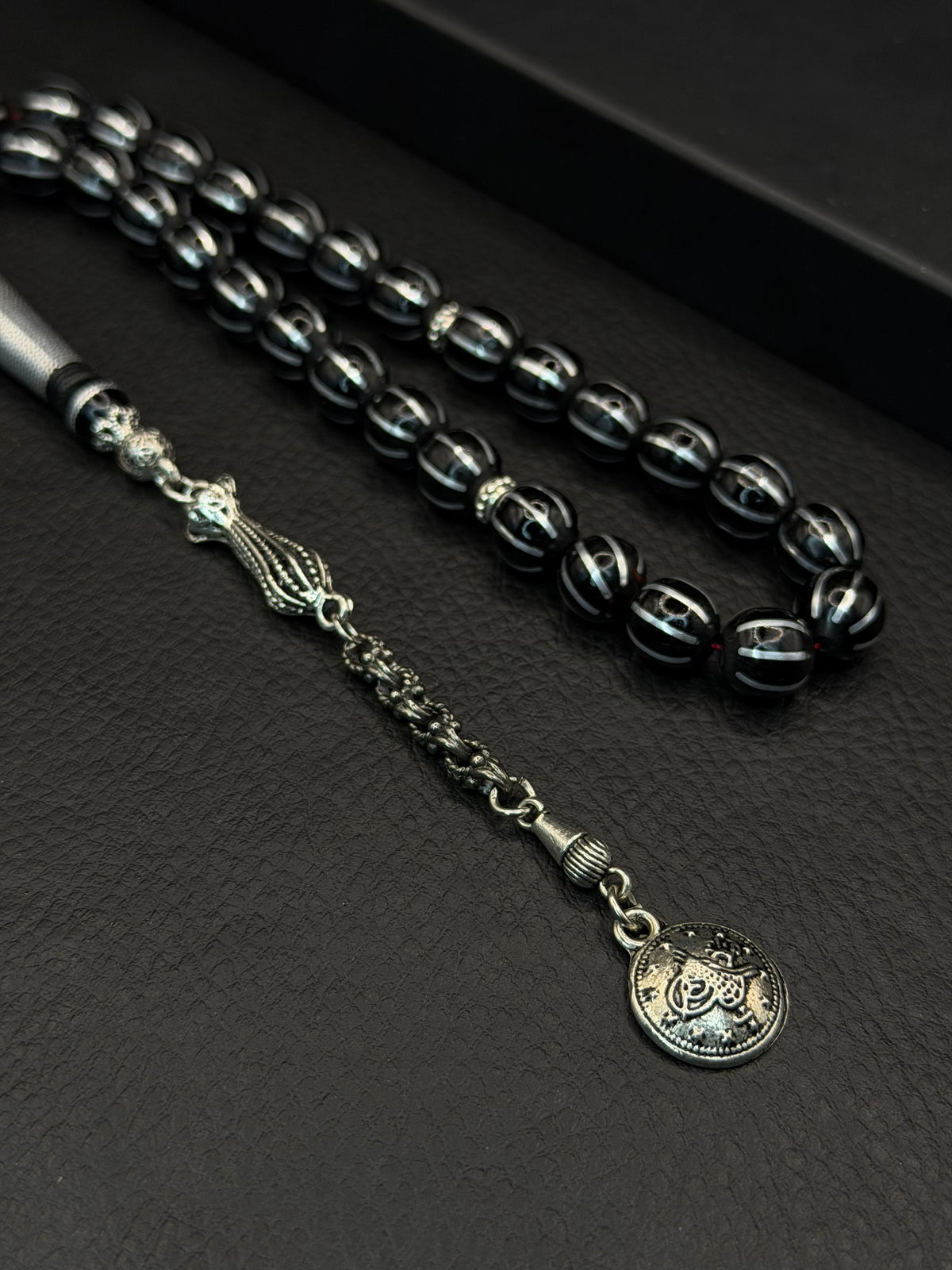 Russian Black Stone Alloy Inserted Round Cut Tesbih – Custom Imame & Alloy Tassel