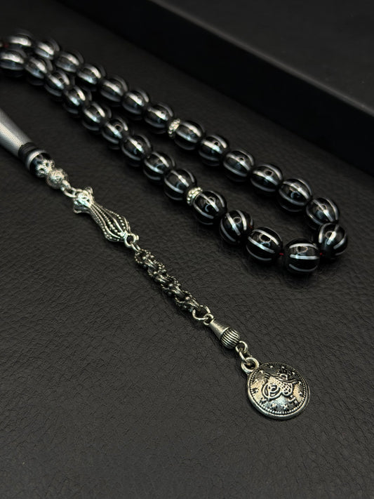 Russian Black Stone Alloy Inserted Round Cut Tesbih – Custom Imame & Alloy Tassel