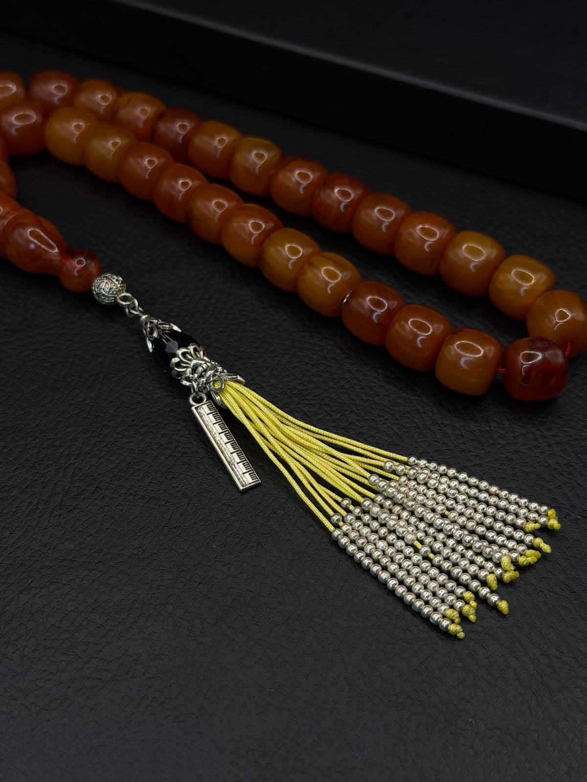 Ottoman Style Yellow Compressed Amber Tesbih – Barrel Cut – Custom Alloy Tassel