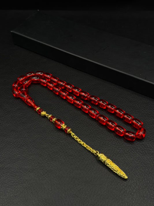 Red Fire Amber Tesbih – Oval Cut – Gold-Coloured Alloy Tassel
