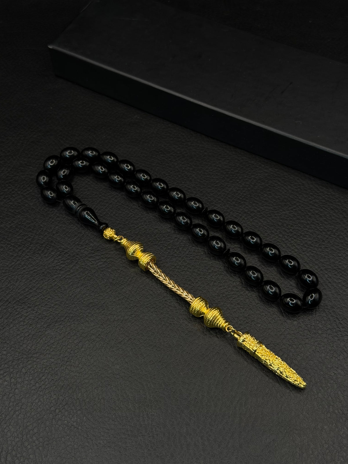Black Fire Amber Tesbih – Oval Cut – Gold-Coloured Alloy Tassel
