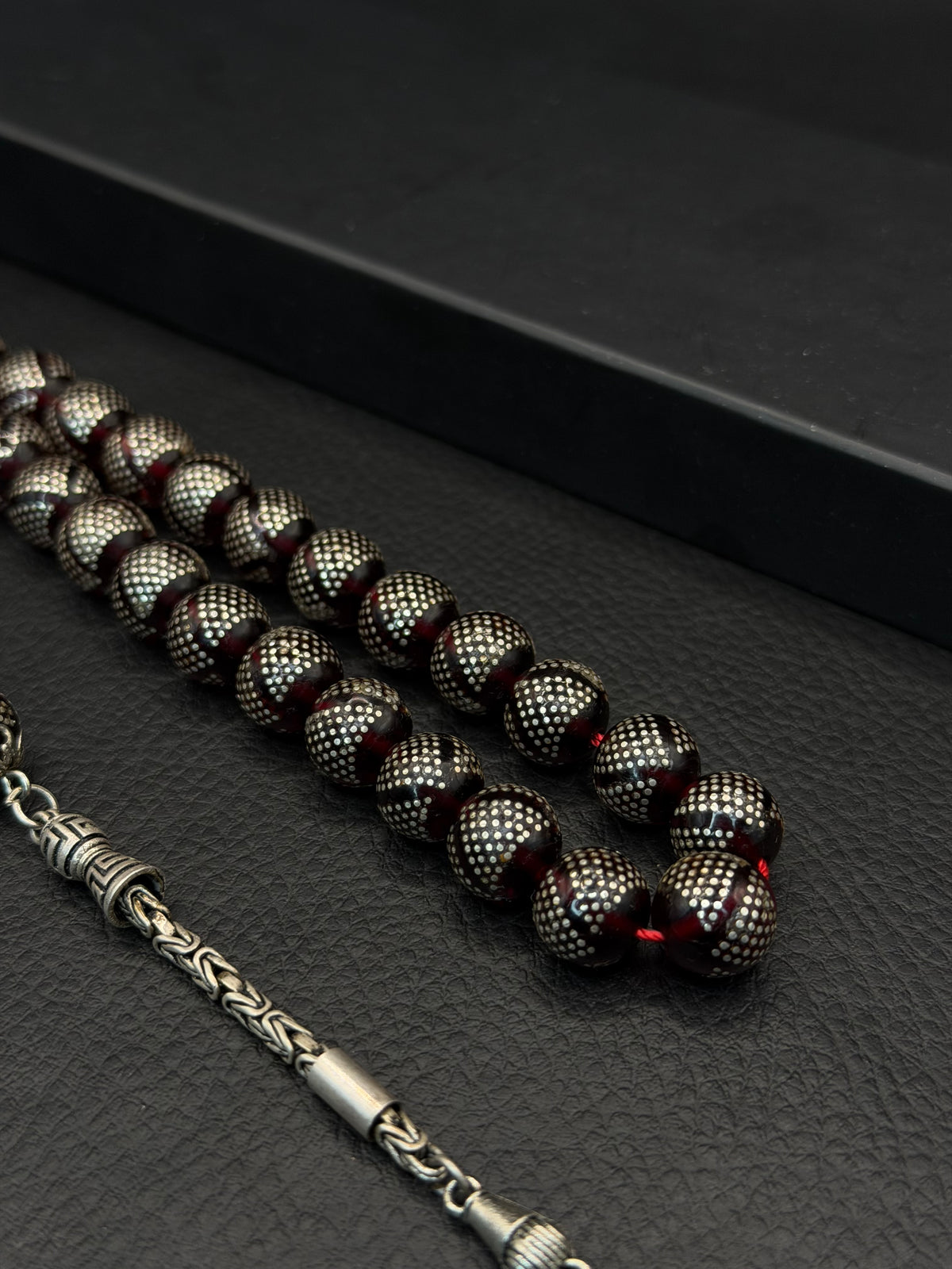 Silver Inserted Fire Amber Round Cut Tesbih – 925 Sterling Silver Tassel