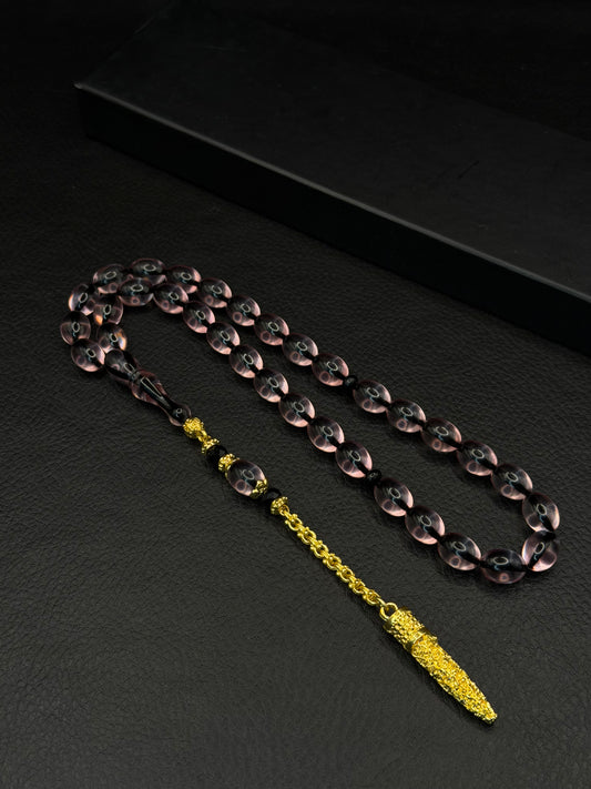 Clear Fire Amber Tesbih – Oval Cut – Gold-Coloured Alloy Tassel