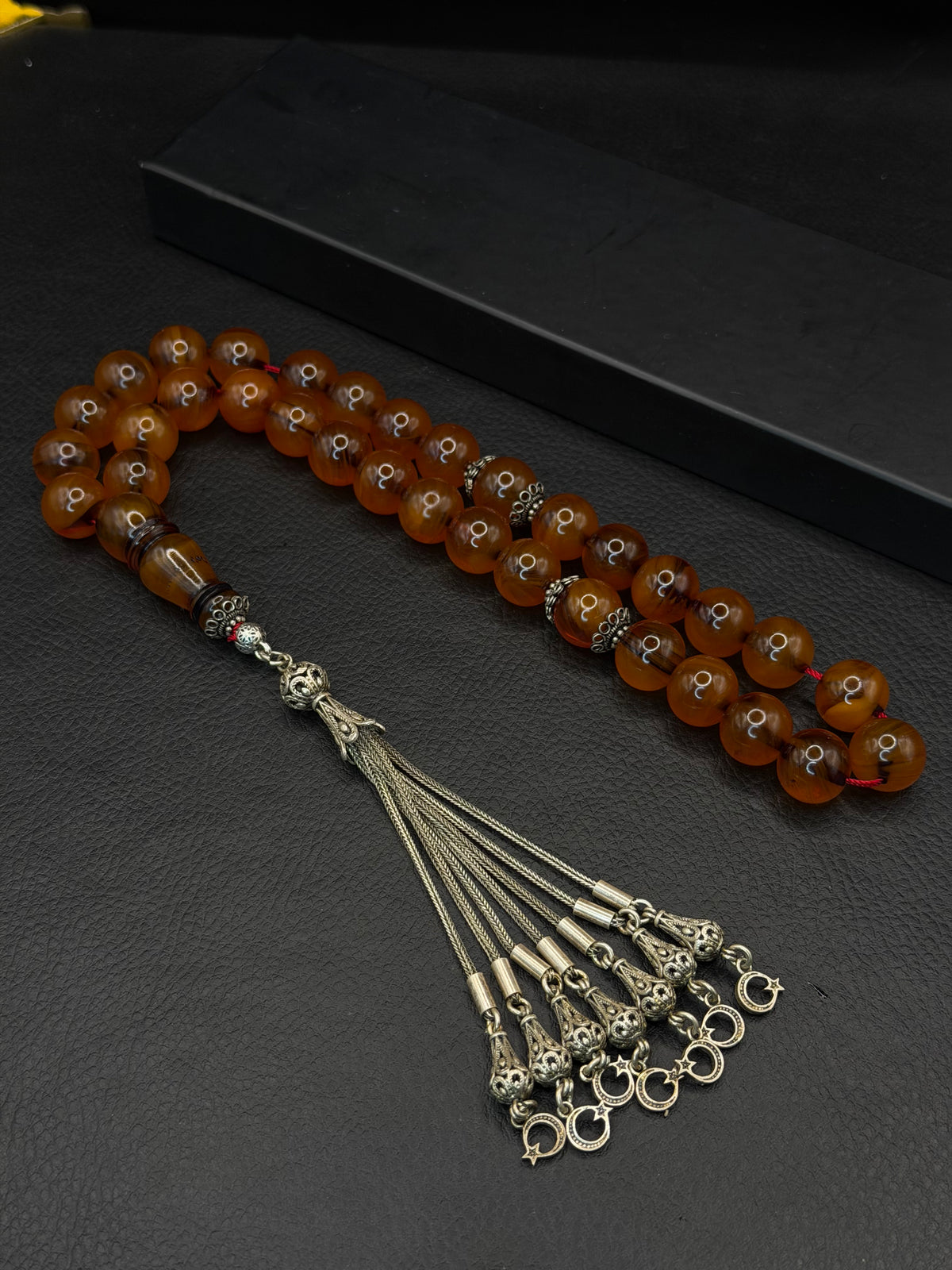 Medium Size Ottoman Style Yellow Fire Amber Tesbih – 925 Sterling Silver Tassel