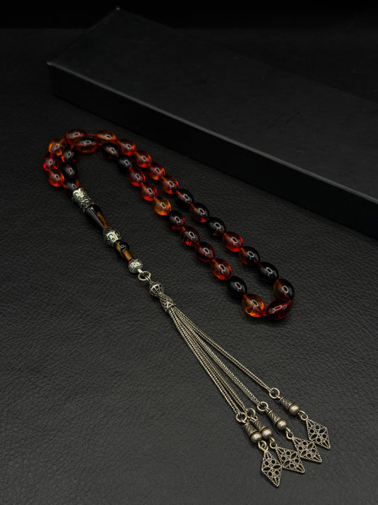Fire Amber Tesbih – Barley Cut – Full 925 Sterling Silver Tassel