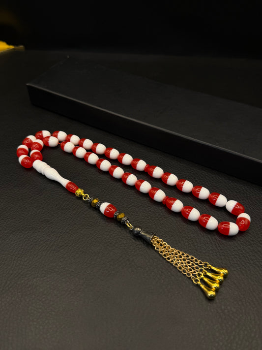 Red & White Katalin Capsule Cut Tesbih – Alloy Tassel