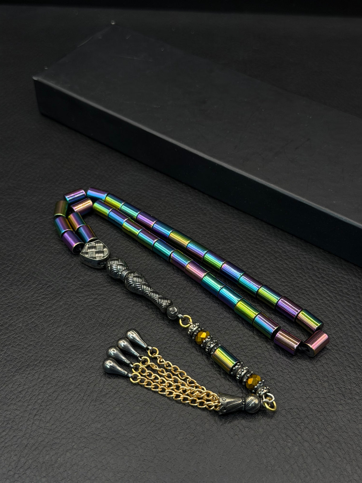 Rainbow-Coloured Natural Hematite Stone Cylinder Cut Tesbih – Alloy Tassel