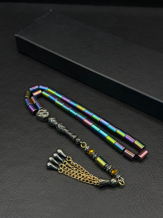 Rainbow-Coloured Natural Hematite Stone Cylinder Cut Tesbih – Alloy Tassel
