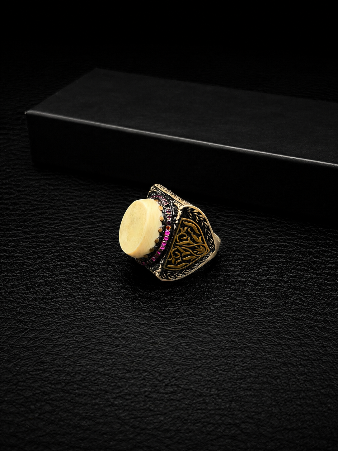 Ivory Full Nakkaş Tesbih & 925 Sterling Silver Ring Set