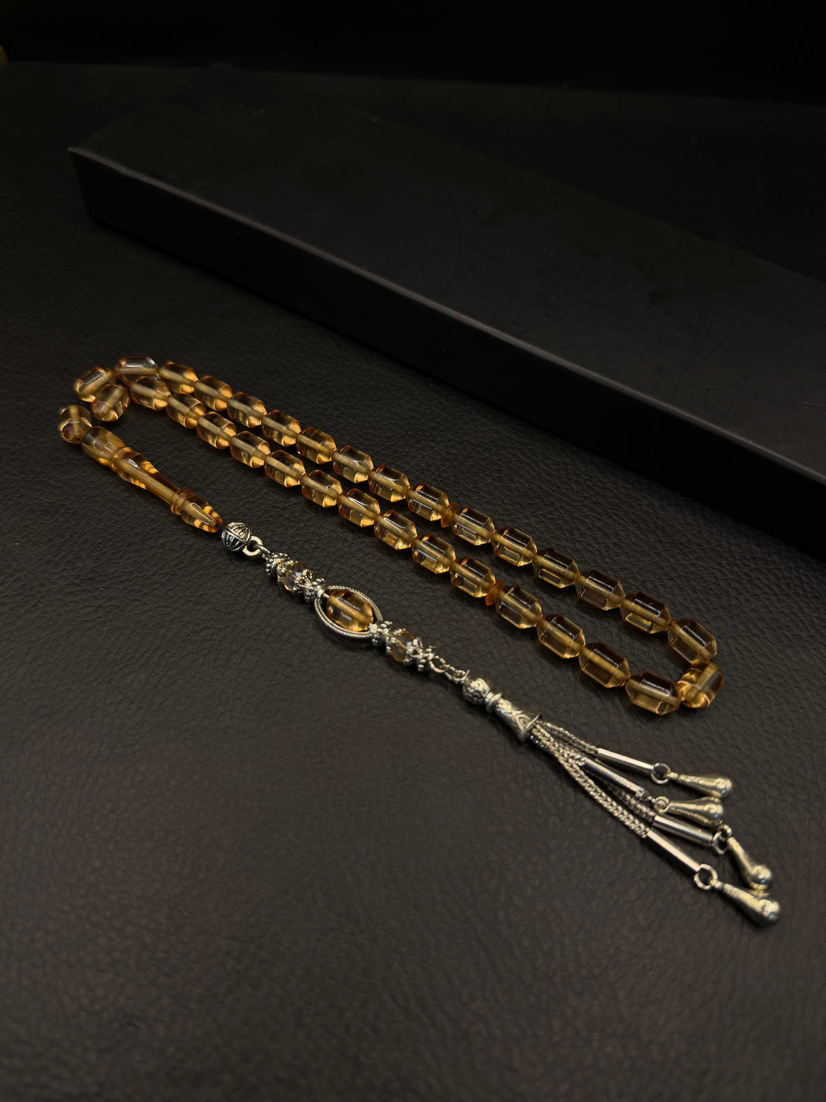 Clear Fire Amber Tesbih – Alloy Tassel – Edged Capsule Cut