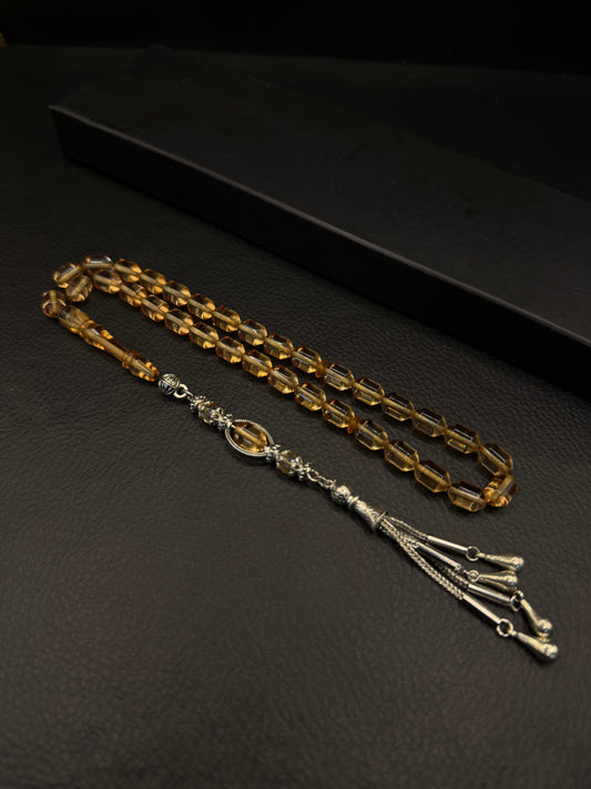 Clear Fire Amber Tesbih – Alloy Tassel – Edged Capsule Cut