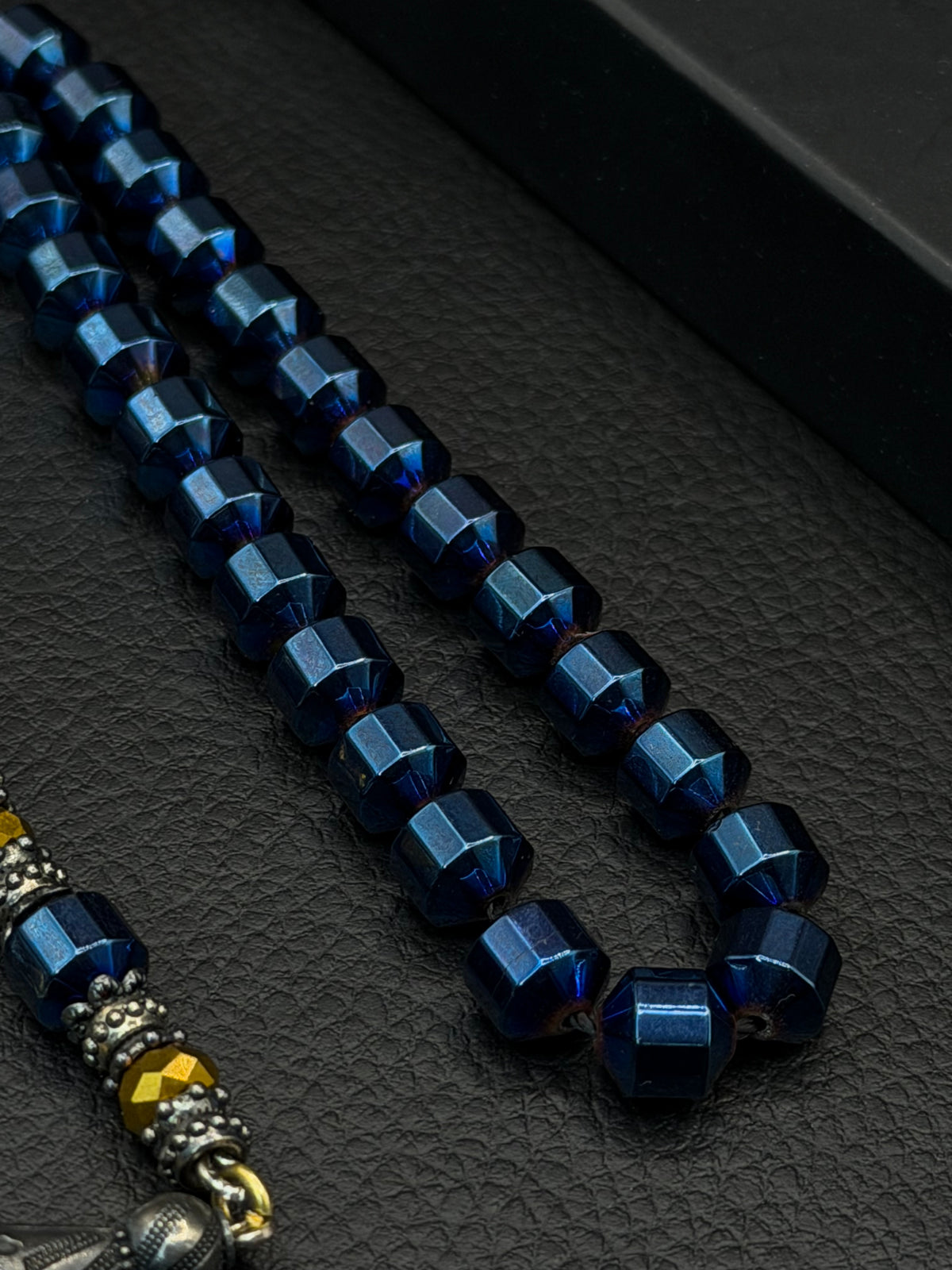 Blue-Coloured Natural Hematite Stone Edged Round Cut Tesbih – Alloy Tassel