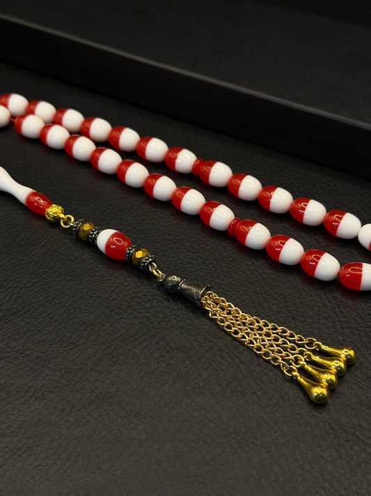 Red & White Katalin Capsule Cut Tesbih – Alloy Tassel