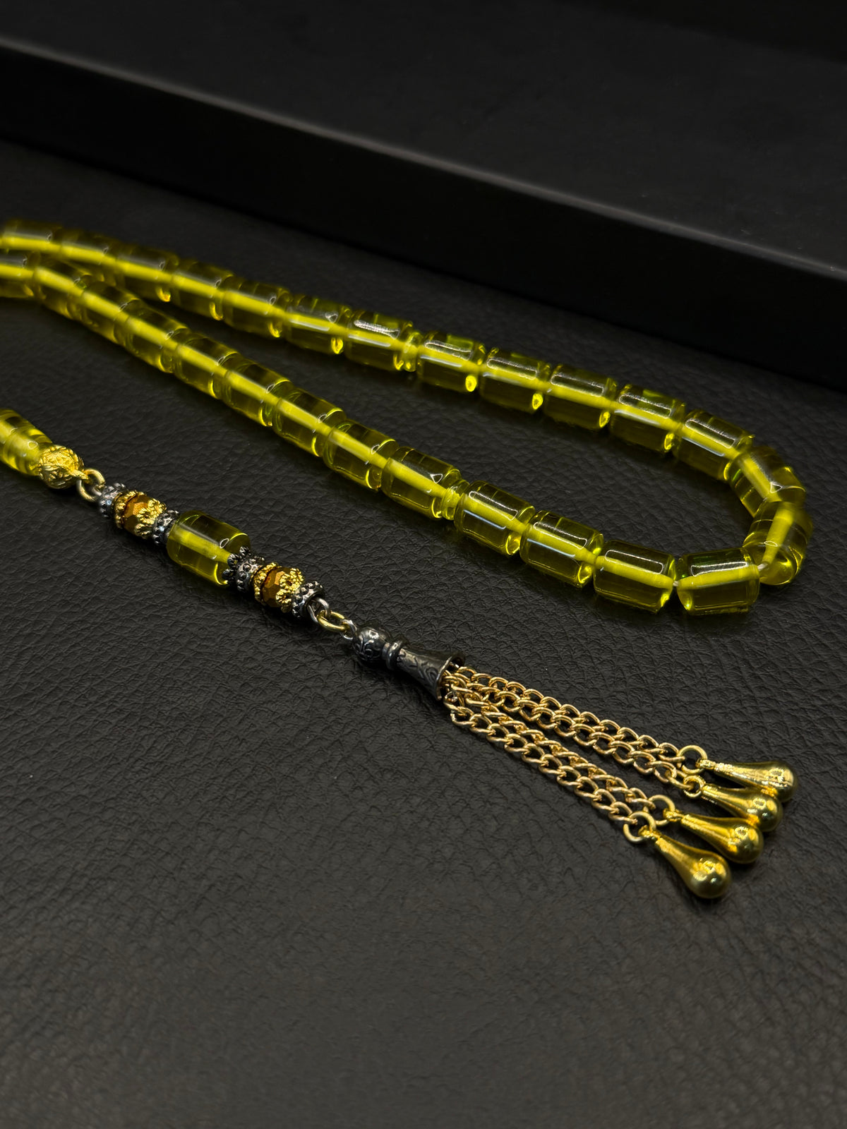 Yellow Fire Amber Edged Capsule Cut Tesbih – Alloy Tassel